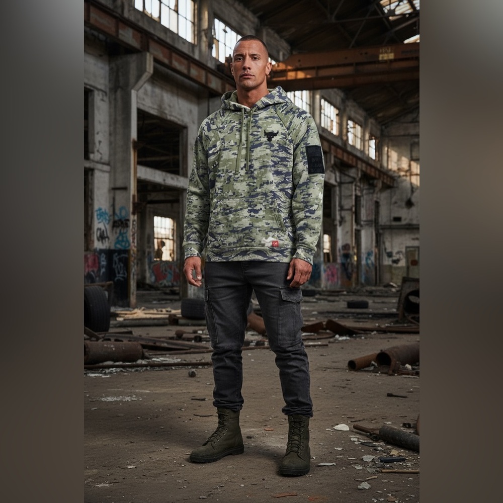 Under Armour Project Rock Hoodie Mens M Green Camo Tiger Stripe Veterans Day